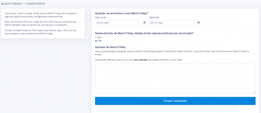 Configurar campanhas da Black Friday na Emanda
