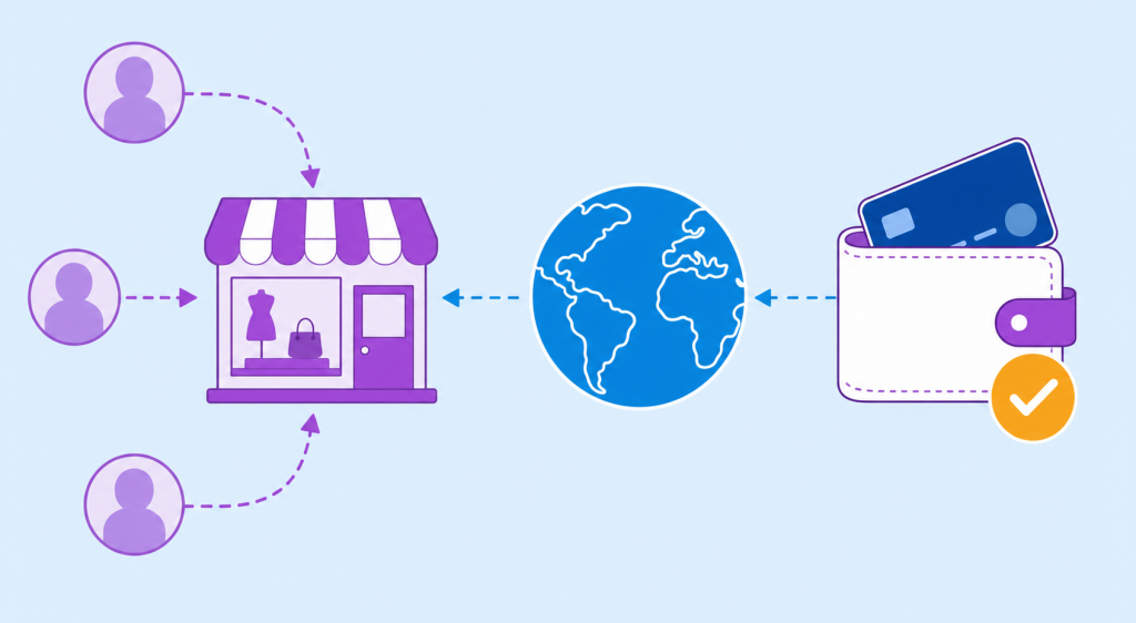 Ilustração flat de loja virtual conectada a uma carteira de pagamento por um globo terrestre, com silhuetas de clientes internacionais convergindo, em fundo azul bebê