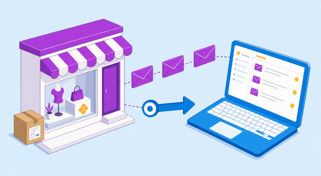 ilustração de loja brasileira conectada a laptop com inbox mostrando fluxo de email marketing Shopify adaptado ao Brasil