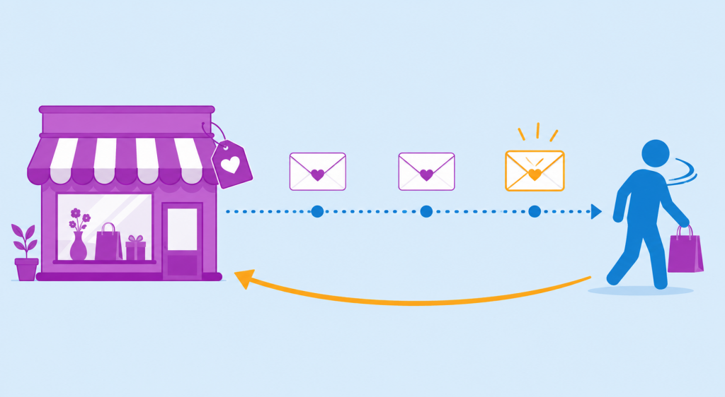 Ilustração de loja virtual enviando três e-mails sequenciais ao longo de uma linha do tempo de 45 dias para fidelizar cliente ecommerce primeira compra, que retorna carregando a sacola da compra anterior.