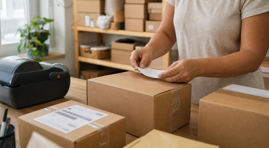 Lojista brasileira preparando etiqueta de envio em pequeno estoque com caixas organizadas, retrato real da logística para ecommerce pequeno.