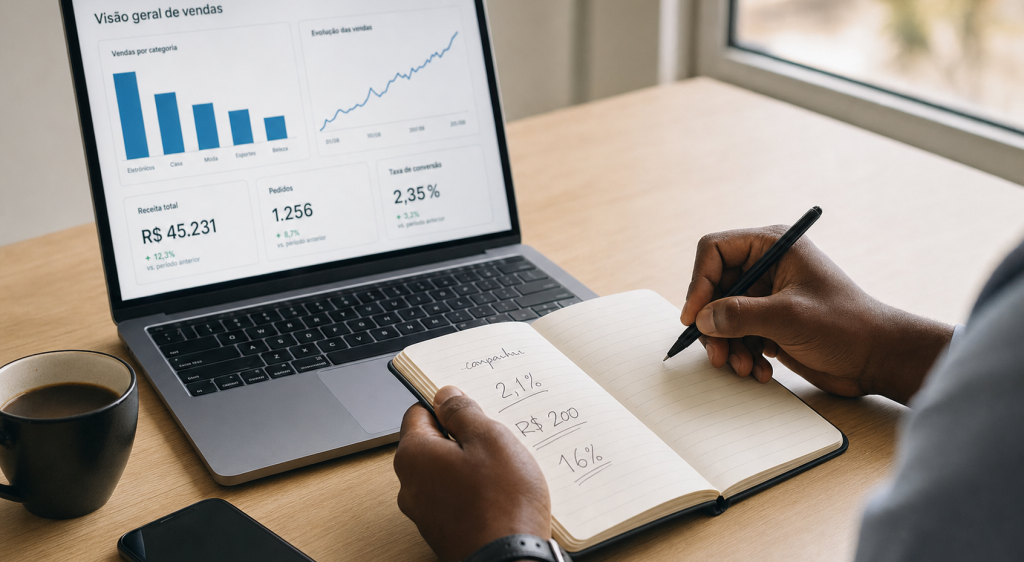 Lojista brasileiro anotando métricas de ecommerce em caderno ao lado de notebook que mostra dashboard de vendas com gráficos e números.