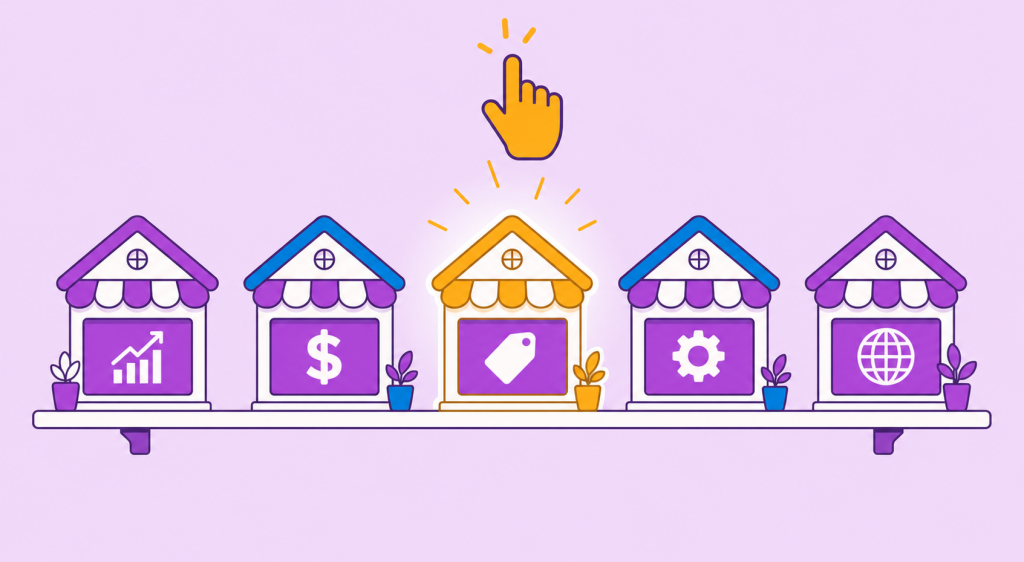 Ilustração flat de cinco plataformas de ecommerce como lojinhas em prateleira, cada uma com um ícone diferente, e um cursor escolhendo a do meio.