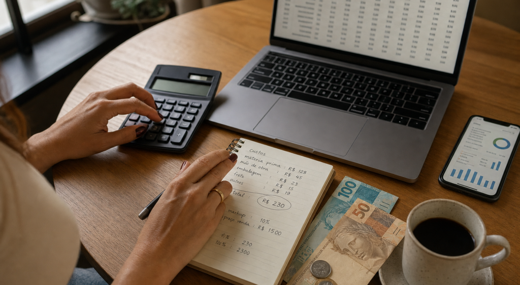 Mesa de trabalho de lojista brasileira com calculadora, notebook com planilha de custos e caderno com anotações: a conta de quanto custa um ecommerce no dia a dia.