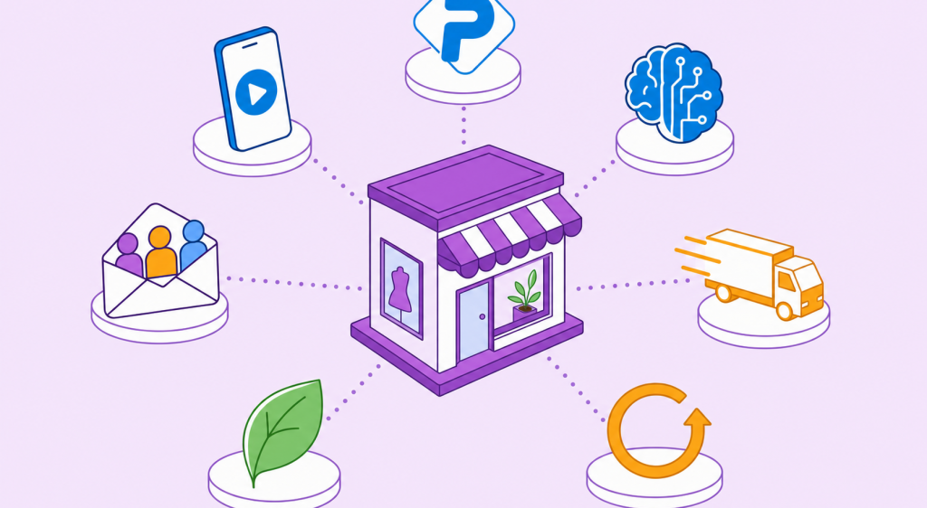 Ilustração flat com loja virtual no centro e sete tendências de ecommerce em 2026 orbitando ao redor: Pix, Reels, IA, logística rápida, recompra, sustentabilidade e segmentação.