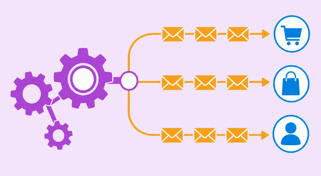 ilustração de automação de email marketing com engrenagens disparando emails por gatilho de forma automática na loja virtual