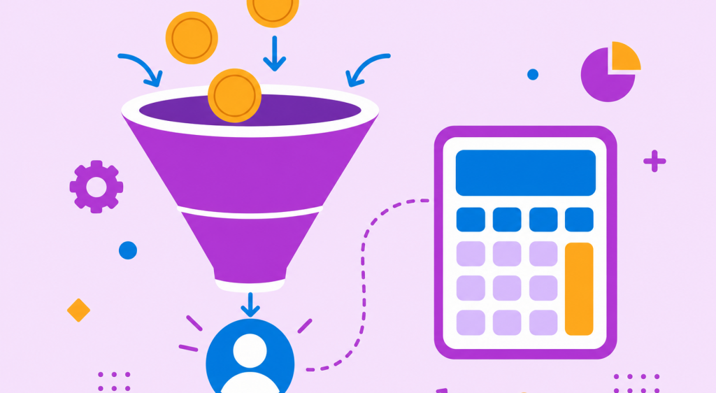 ilustração do custo de aquisição de cliente com funil de aquisição, moedas entrando e uma calculadora