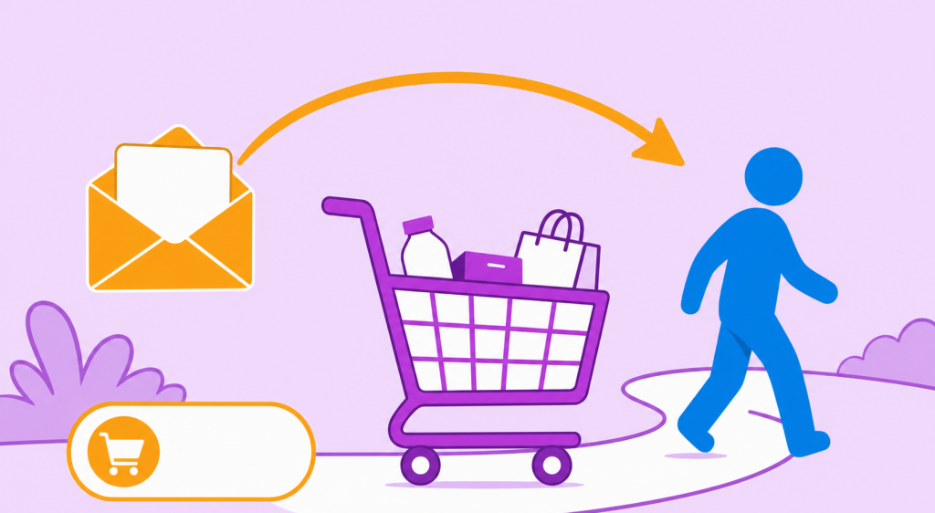 ilustração de carrinho abandonado no ecommerce com um carrinho parado e um email trazendo o cliente de volta ao checkout