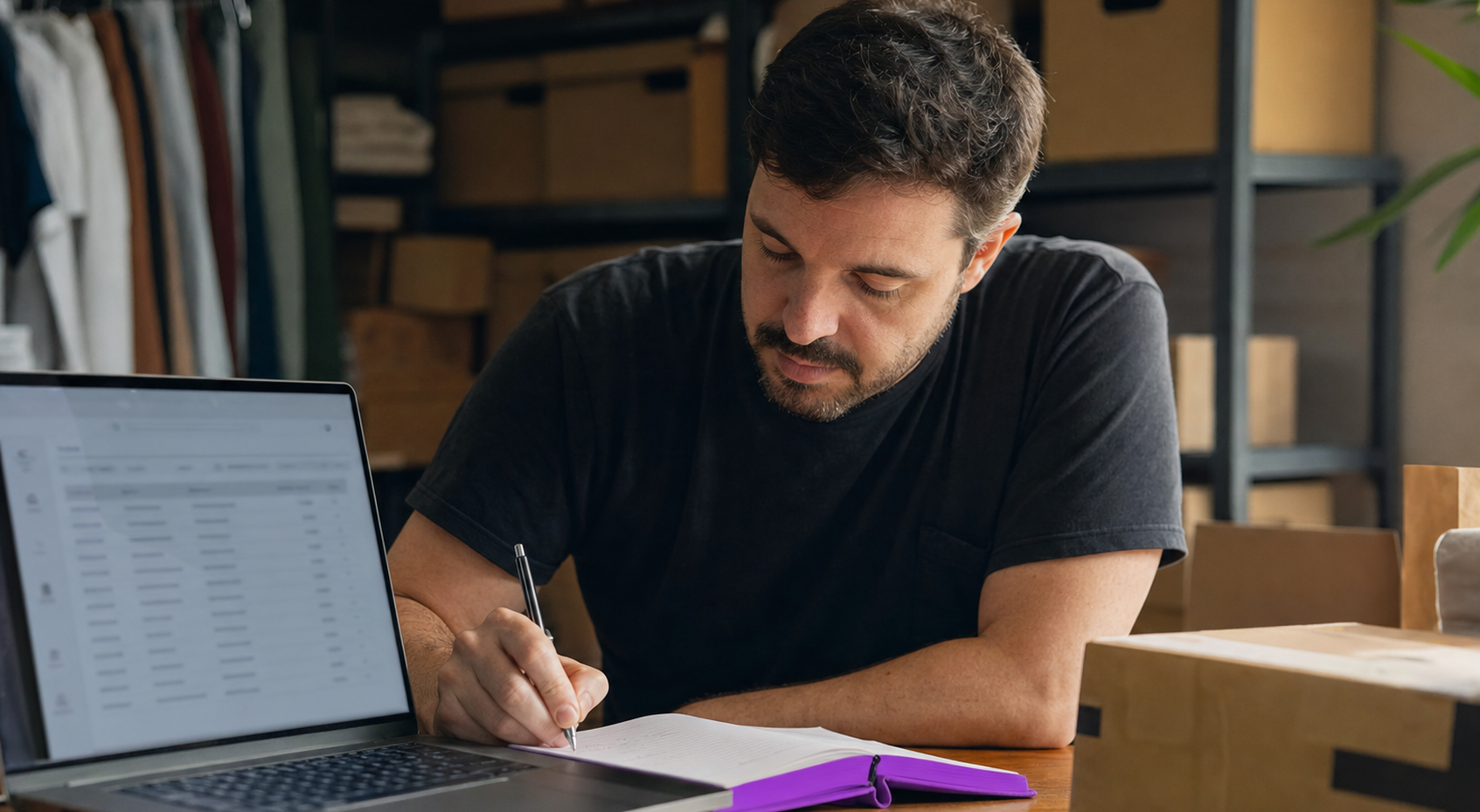 lojista organizando CRM grátis para ecommerce num caderno de capa roxa e numa lista simples de clientes aberta no notebook