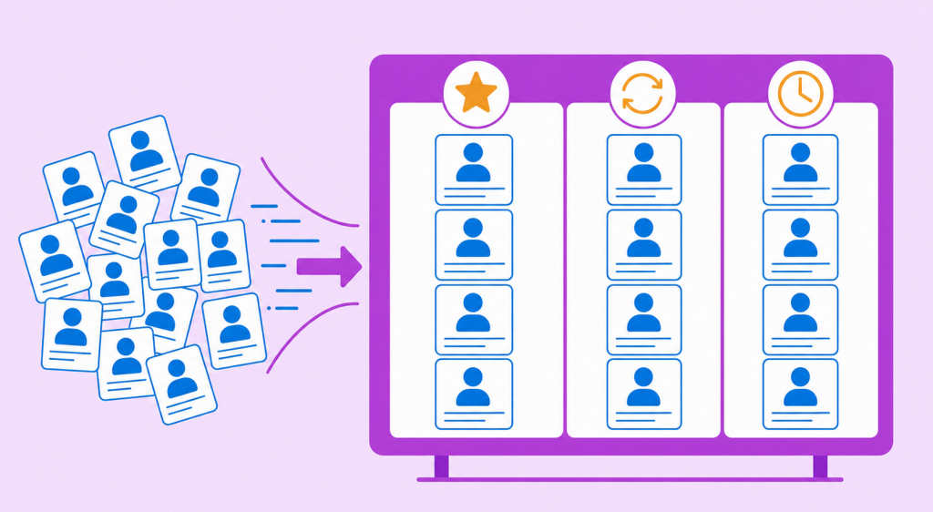 ilustração de CRM clientes com a base organizada em grupos de ativos, novos e inativos em um painel único
