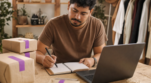 lojista organizando o CRM para loja pequena na bancada de casa com caderno e etiquetas de pedido roxas