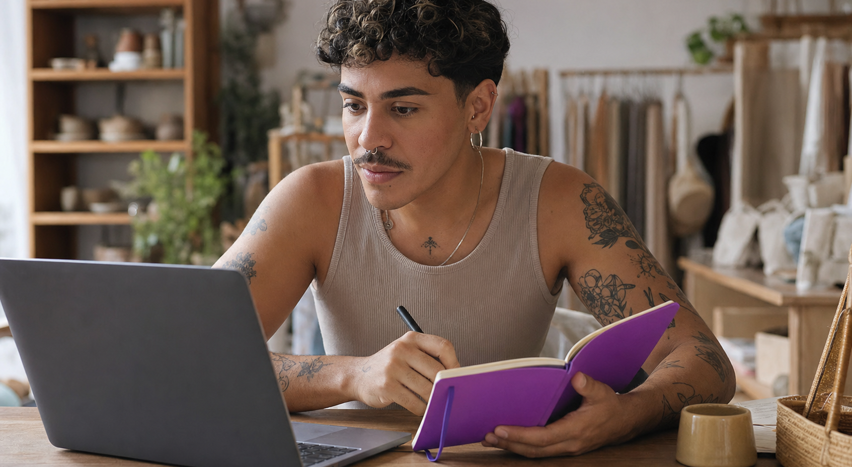 lojista organizando o relacionamento com clientes usando CRM para Nuvemshop em um caderno e no notebook
