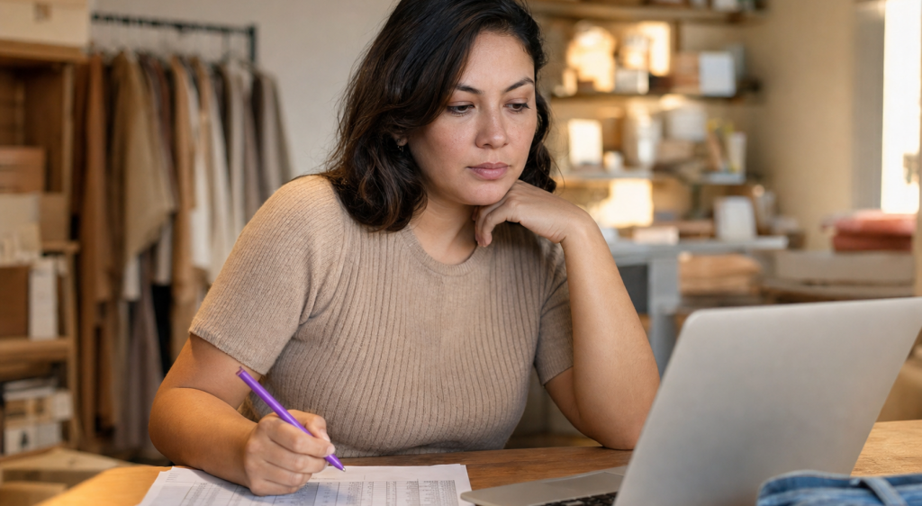 lojista decidindo entre CRM ou planilha para organizar os clientes da loja, com a planilha impressa ao lado do notebook