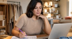 lojista decidindo entre CRM ou planilha para organizar os clientes da loja, com a planilha impressa ao lado do notebook