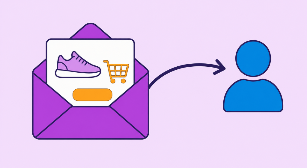 ilustração de email de carrinho abandonado com um envelope mostrando o produto deixado no carrinho e um botão de voltar à compra