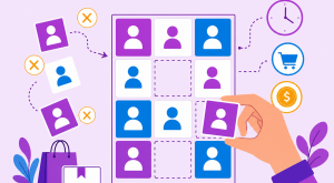 ilustração de segmentação RFM com matriz de clientes mal organizada e células sinalizadas com erro, sendo reorganizada por uma mão