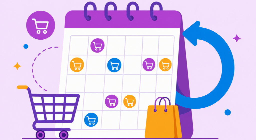 ilustração de frequência de compra com calendário marcando vários carrinhos e seta de retorno do cliente