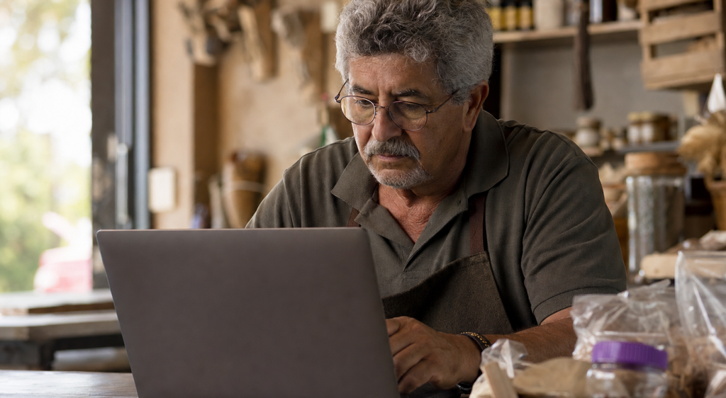 lojista mais velho conferindo no notebook o histórico de compras do cliente com a lista de pedidos anteriores na tela