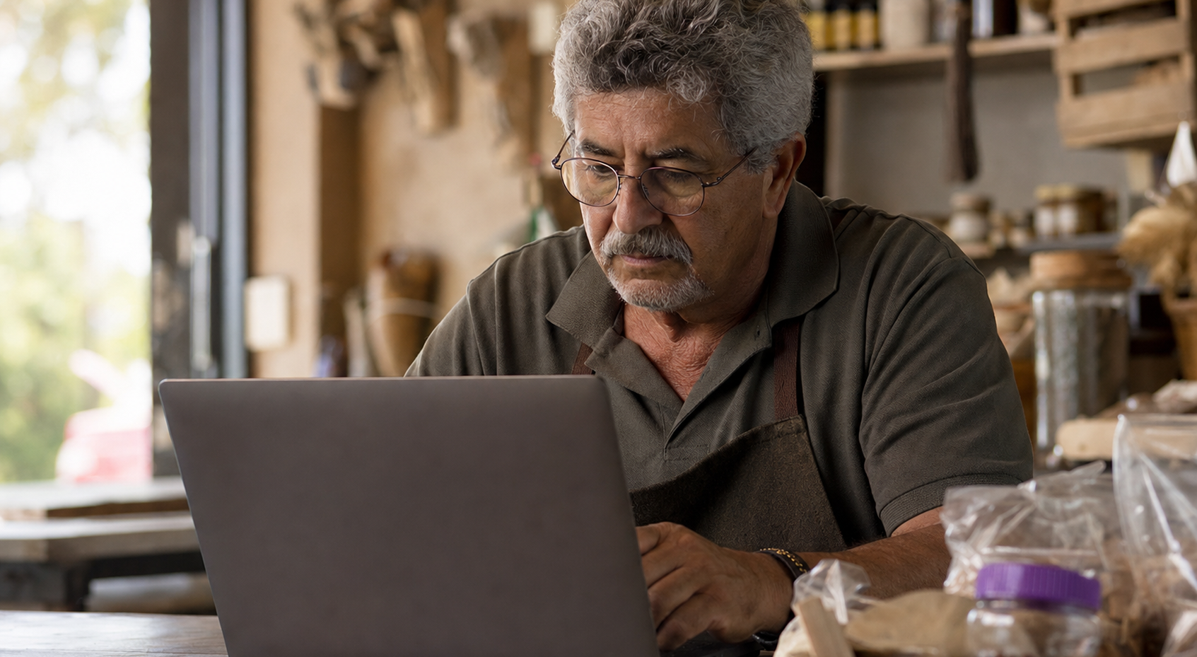 lojista mais velho conferindo no notebook o histórico de compras do cliente com a lista de pedidos anteriores na tela