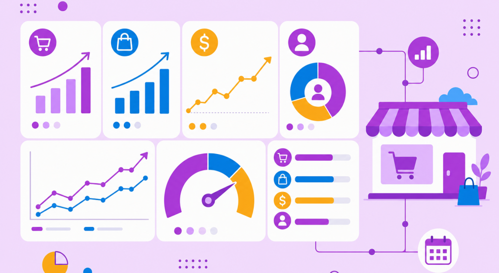 ilustração de painel com os principais indicadores de ecommerce, gráficos de vendas e ícones de loja