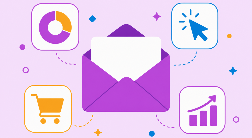 ilustração de indicadores de email marketing com envelope cercado de ícones de abertura, cliques e conversão