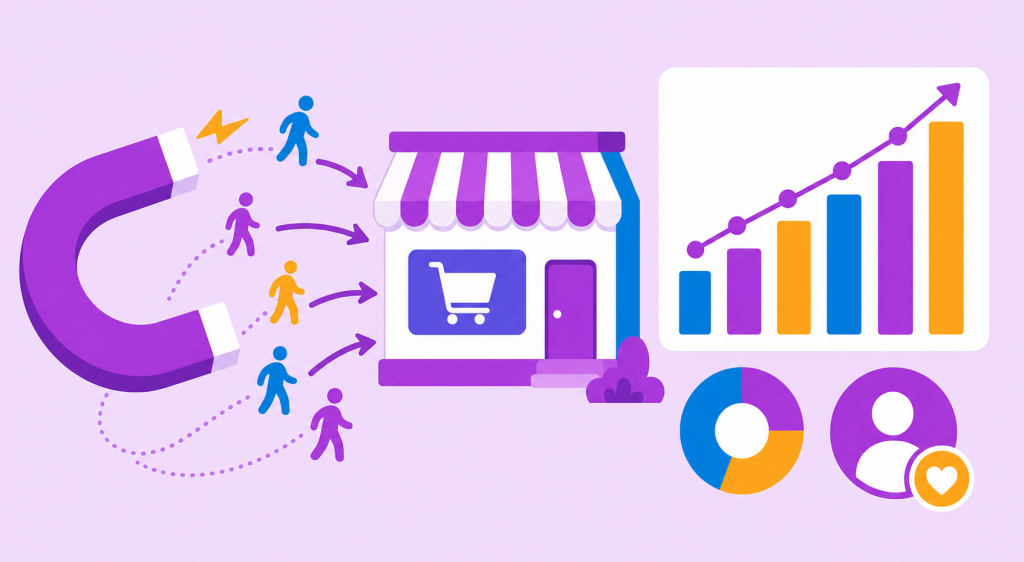 ilustração de indicadores de retenção de clientes com ímã atraindo compradores de volta à loja e gráficos subindo