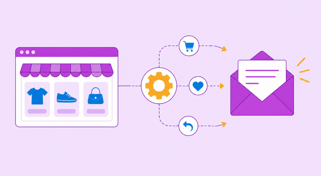 Ilustração flat de uma loja virtual conectada a um envelope de e-mail por uma engrenagem de integração.