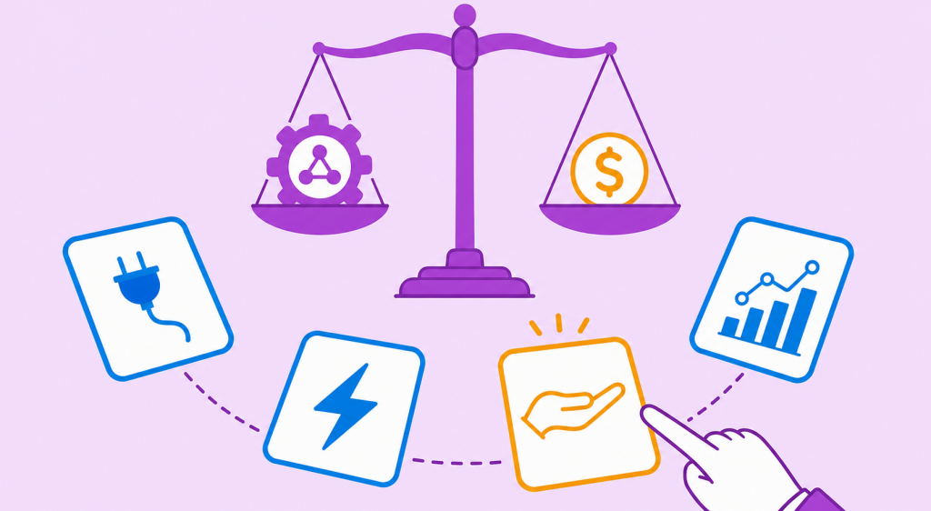ilustração de escolha do melhor CRM para e-commerce com critérios comparados em uma balança e cartões de integração e automação