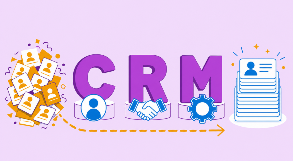 ilustração explicando o que é CRM com a sigla aberta em três blocos e fichas de clientes organizadas em um único lugar