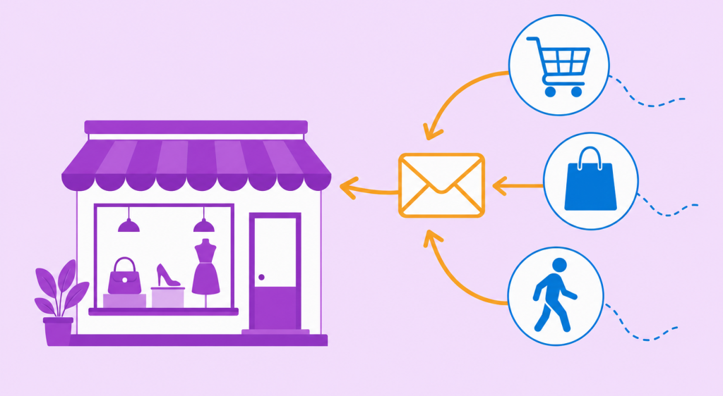 ilustração de recuperação de vendas no ecommerce com vendas perdidas retornando à loja por setas de resgate