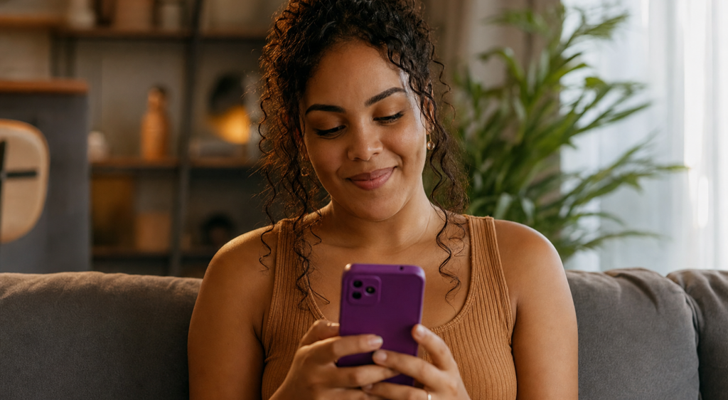 Cliente sentada no sofá usando o celular para recuperar carrinho no celular e concluir uma compra.