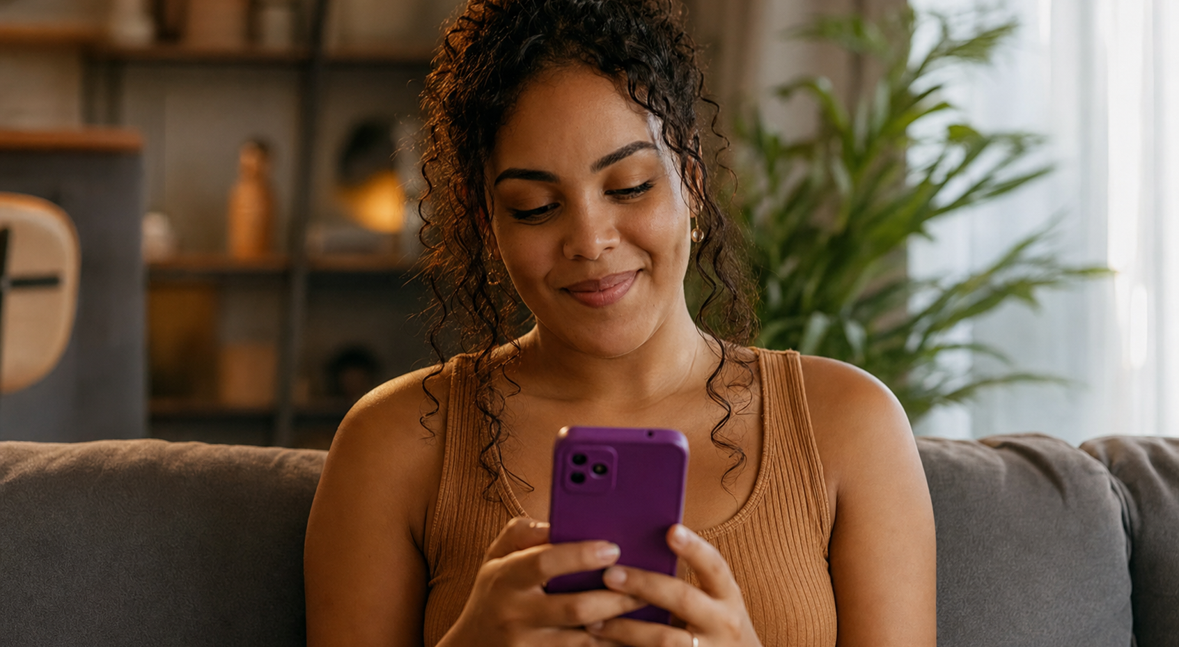 Cliente sentada no sofá usando o celular para recuperar carrinho no celular e concluir uma compra.