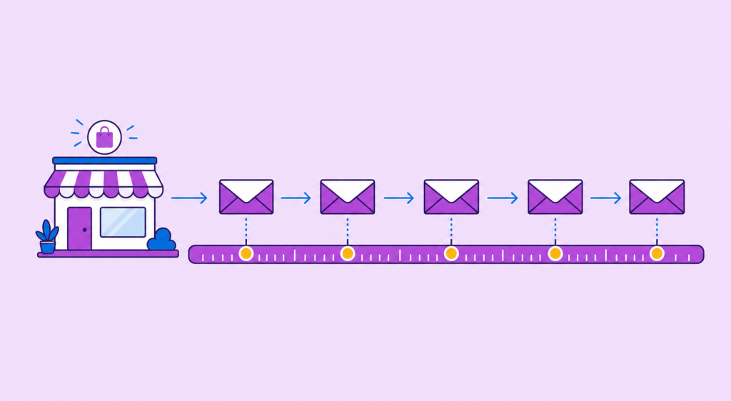 ilustração de régua de relacionamento por e-mail com pontos de contato distribuídos numa linha do tempo
