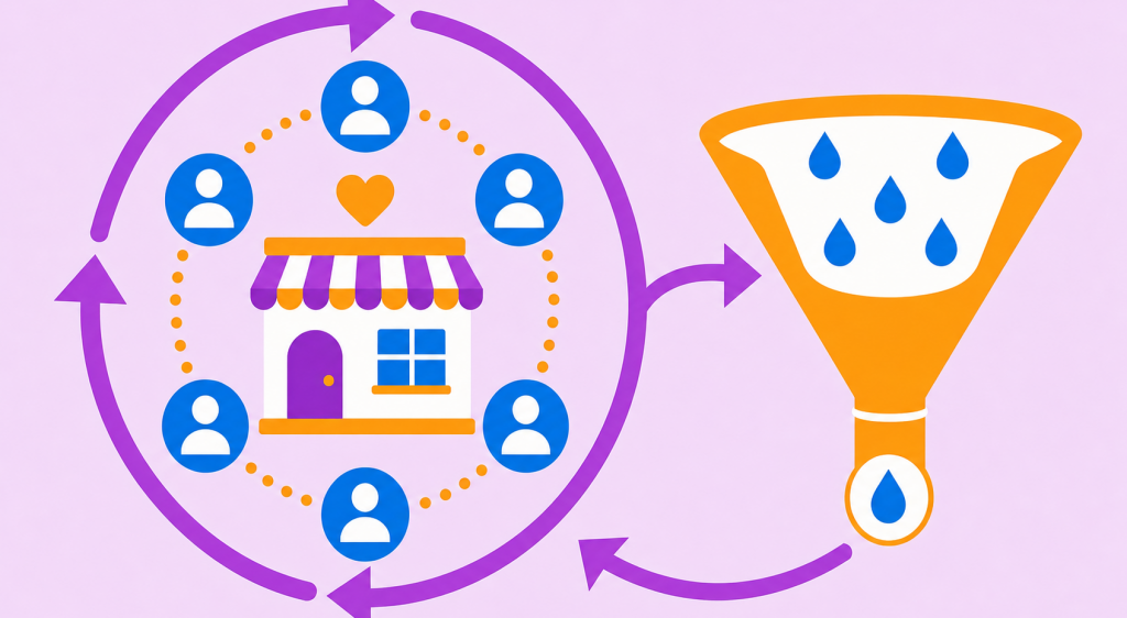 ilustração de retenção de clientes no ecommerce com clientes mantidos dentro de um ciclo de recompra
