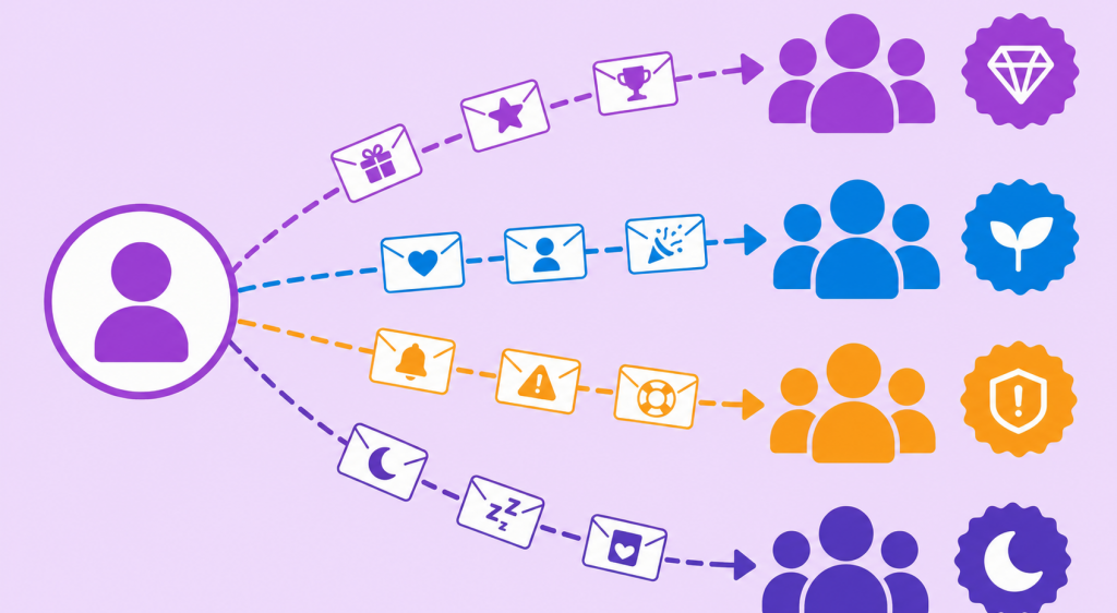 ilustração de RFM no email marketing com envelopes saindo de um remetente central para grupos de clientes por segmento