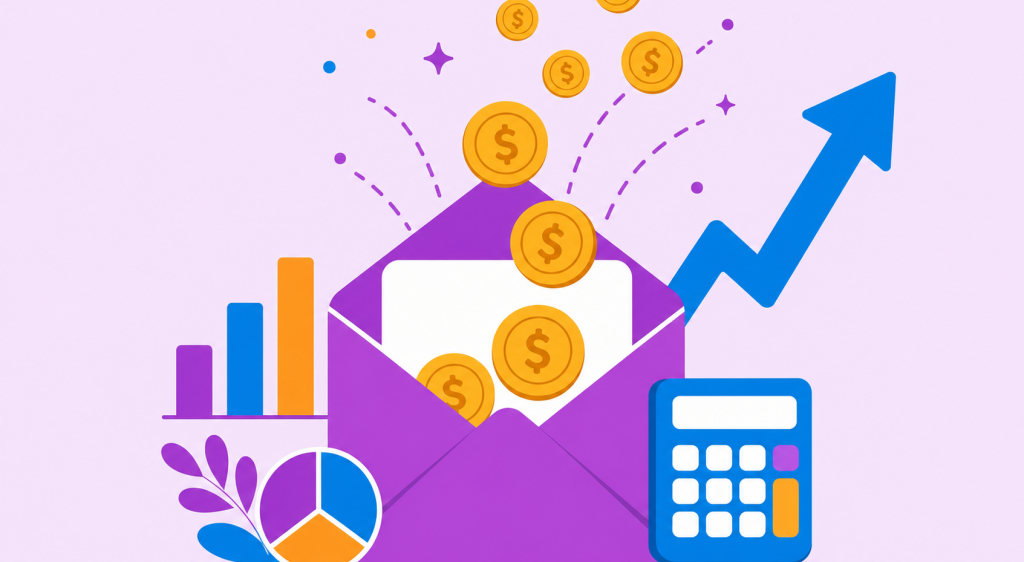 ilustração de ROI de email marketing com envelope, moedas multiplicando e seta de crescimento