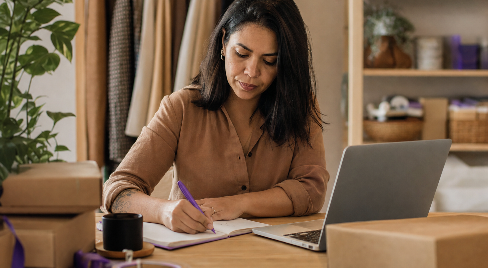 lojista planejando a sequência de email de carrinho abandonado num caderno ao lado do notebook