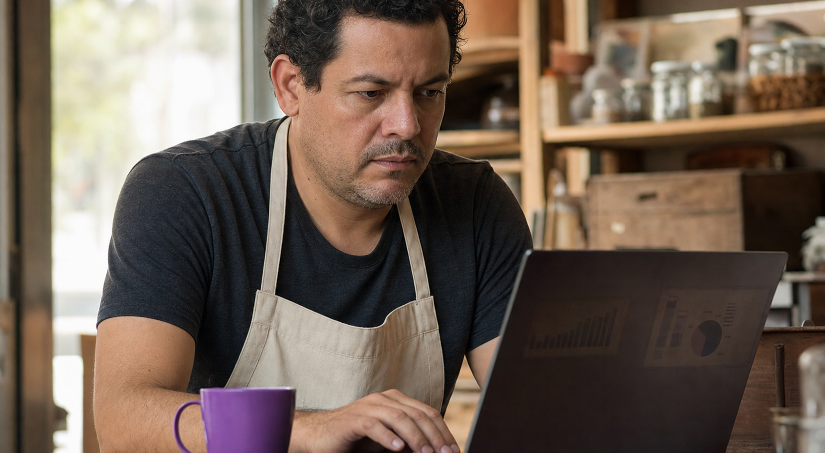 lojista de ecommerce analisando a taxa de abandono de carrinho num painel de números no notebook da loja