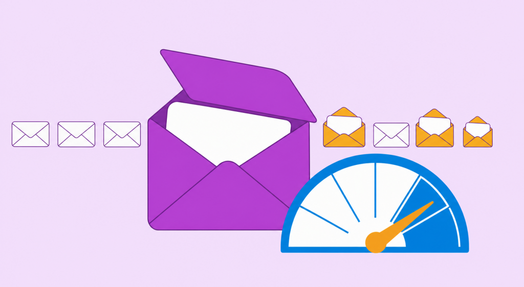 ilustração de taxa de abertura de email com um envelope sendo aberto e um medidor mostrando o percentual de aberturas