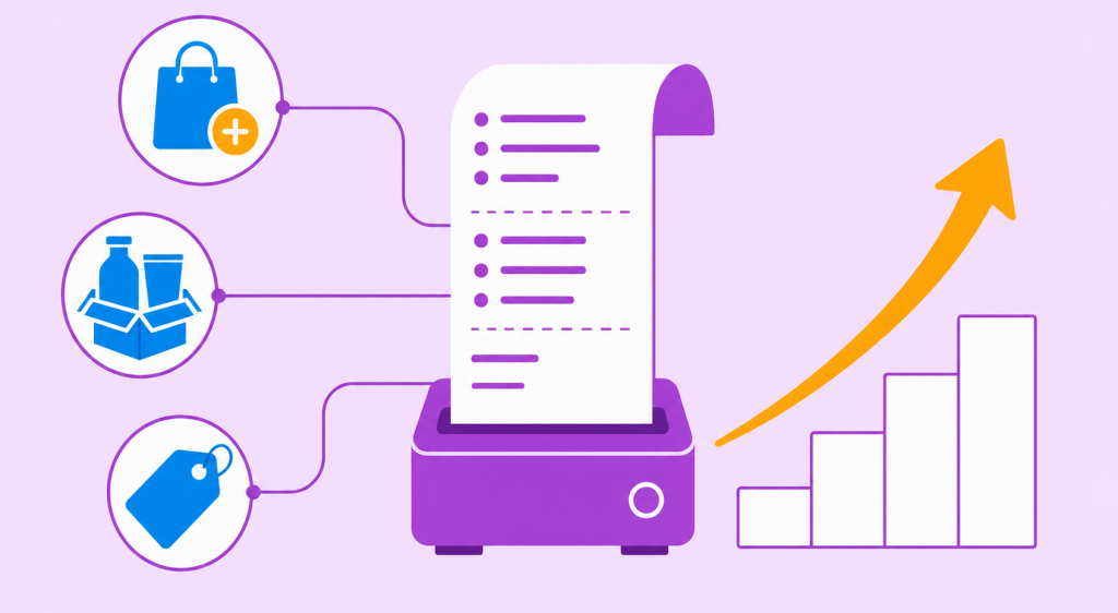 Ilustração flat de um recibo de compra com seta de crescimento representando o ticket médio do ecommerce.