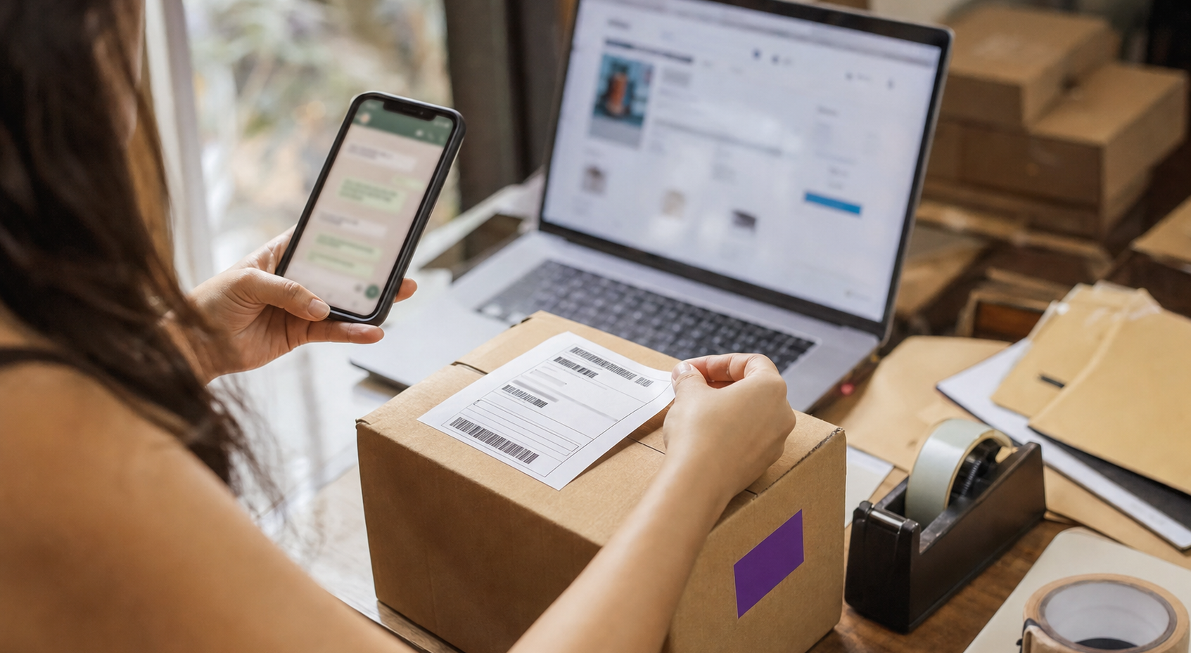 bancada de loja virtual com celular aberto em conversa de WhatsApp para ecommerce e detalhe roxo