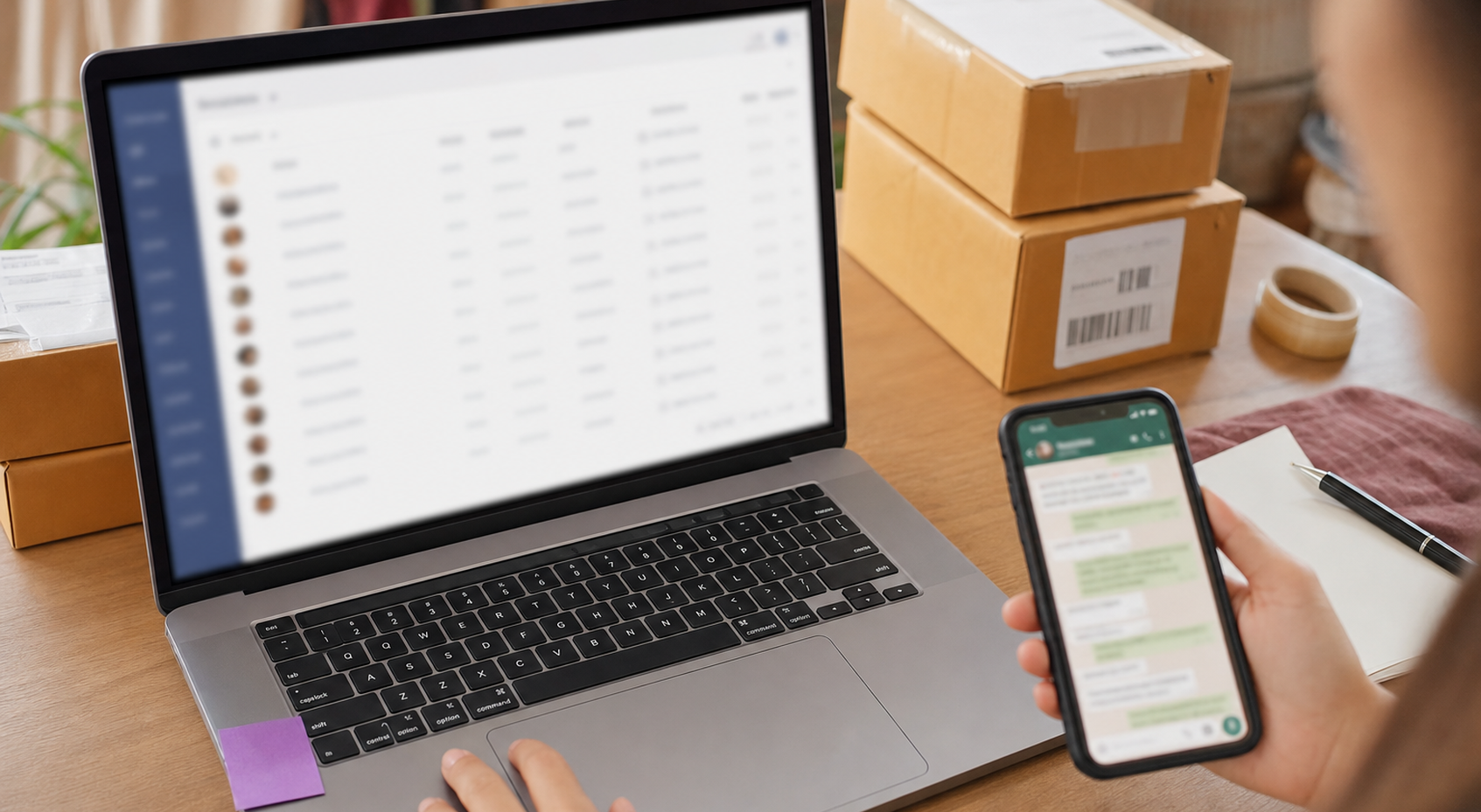 notebook com CRM ecommerce WhatsApp e celular em conversa sobre pedidos com detalhe roxo na mesa
