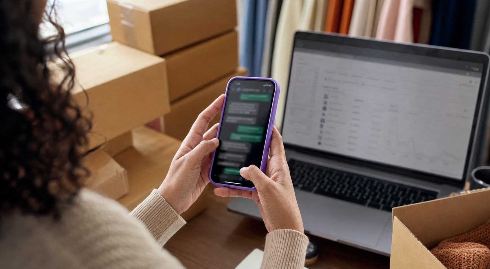 lojista usando WhatsApp marketing em um celular sobre bancada de ecommerce com detalhe roxo na cena