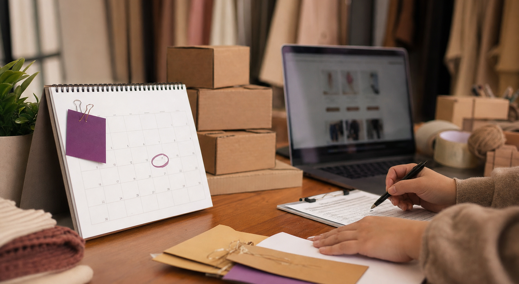 calendário de Black Friday ecommerce em mesa de loja virtual com post-it roxo