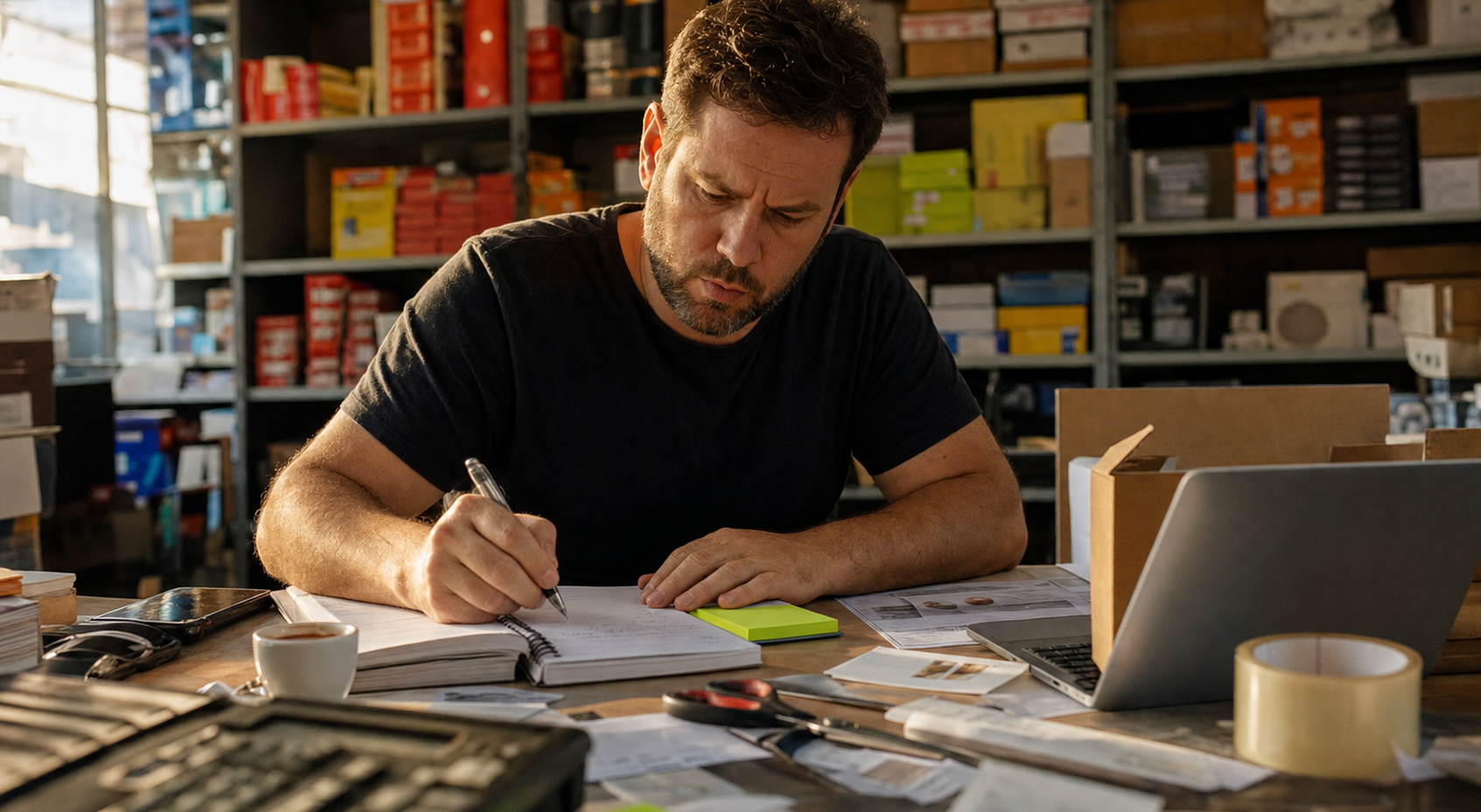 lojista com calculadora e caderno de anotações na bancada da loja ao lado de caixas e etiqueta verde