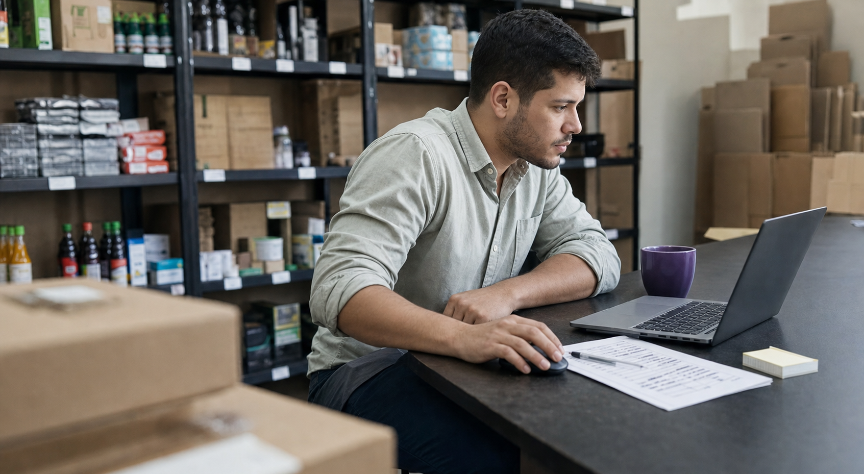 lojista conferindo pedidos no notebook na segunda-feira de Cyber Monday no ecommerce