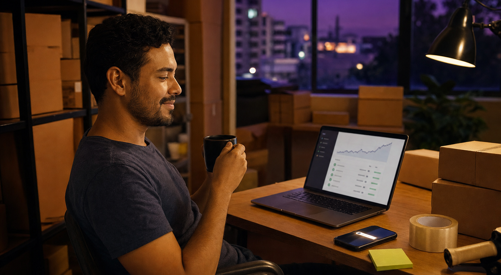 IA na Black Friday, lojista acompanhando pedidos entrando no notebook durante a semana de promoções