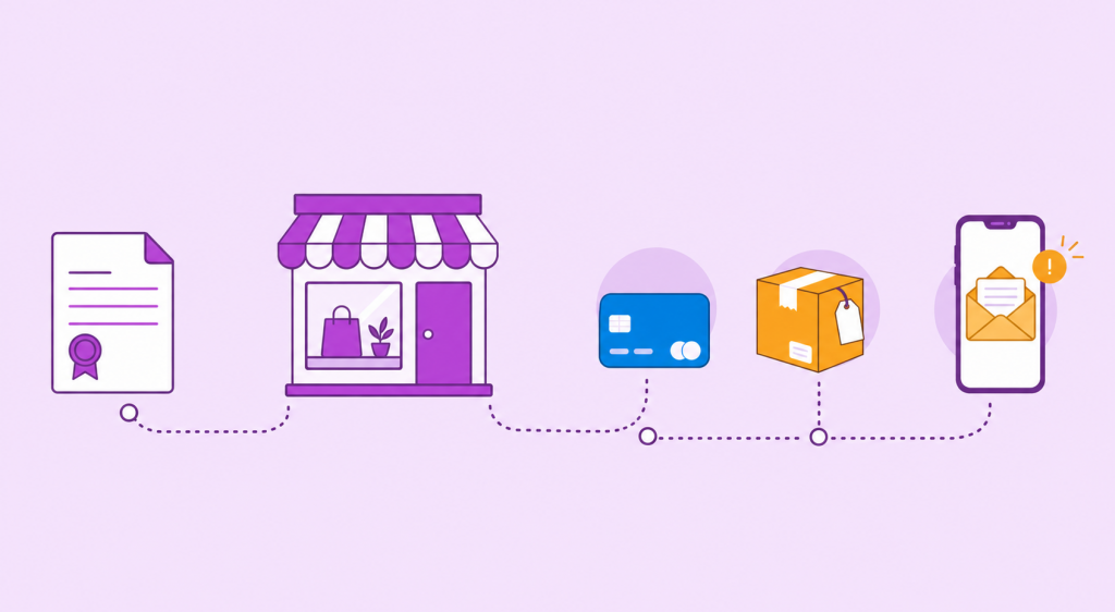 Ilustração flat com os seis passos de quem vai abrir um ecommerce: documento de CNPJ, loja virtual, cartão de pagamento, caixa de envio e notificação de e-mail, conectados por uma linha pontilhada.