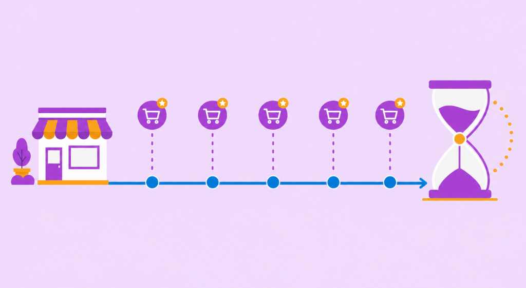 ilustração do tempo de vida do cliente representado por uma linha do tempo com pontos de compra ao longo dos meses